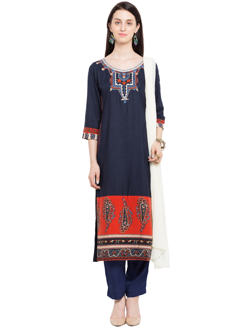 Navy Blue Cotton Readymade Pant Style Suit 108911