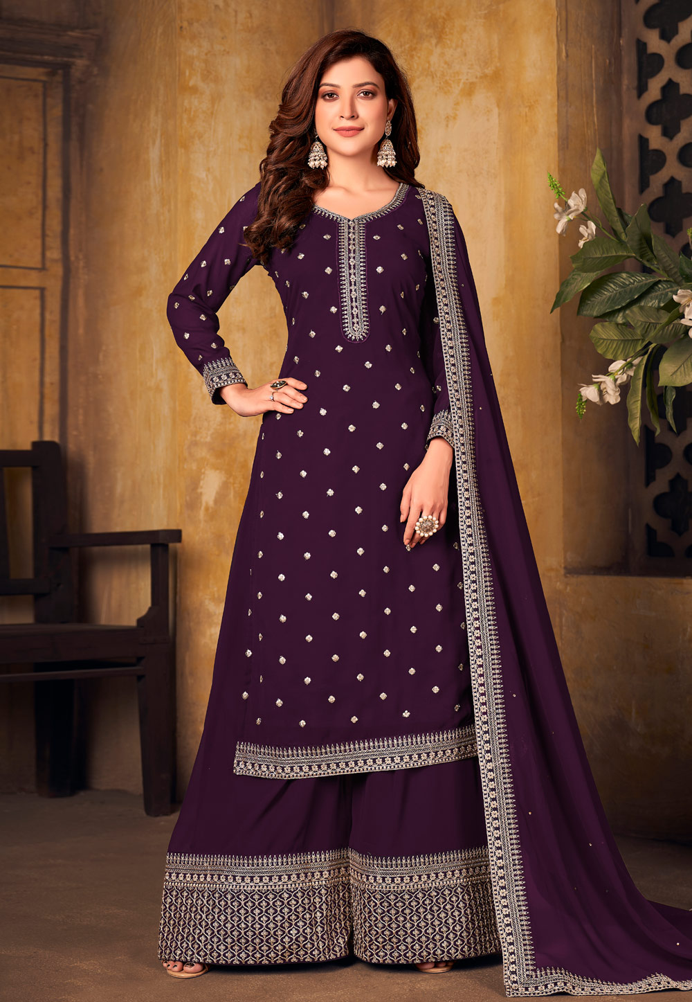Purple Faux Georgette Embroidered Kameez With Palazzo 244458