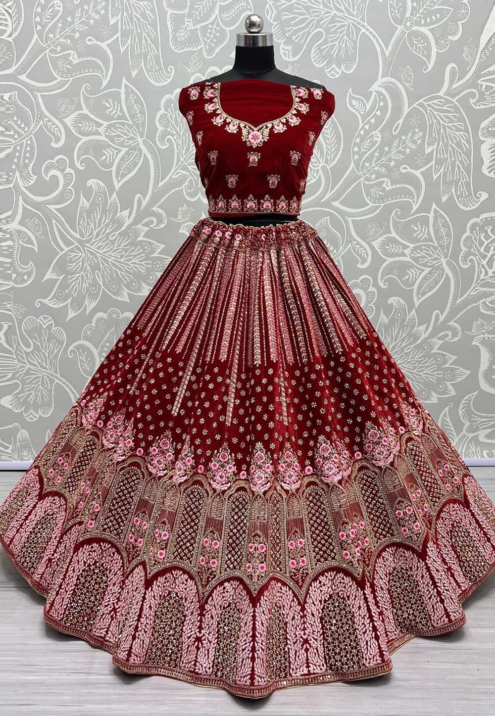 Bridal Wear Hand Work Maroon Velvet Embroidery Lehenga at Rs 899 in Surat