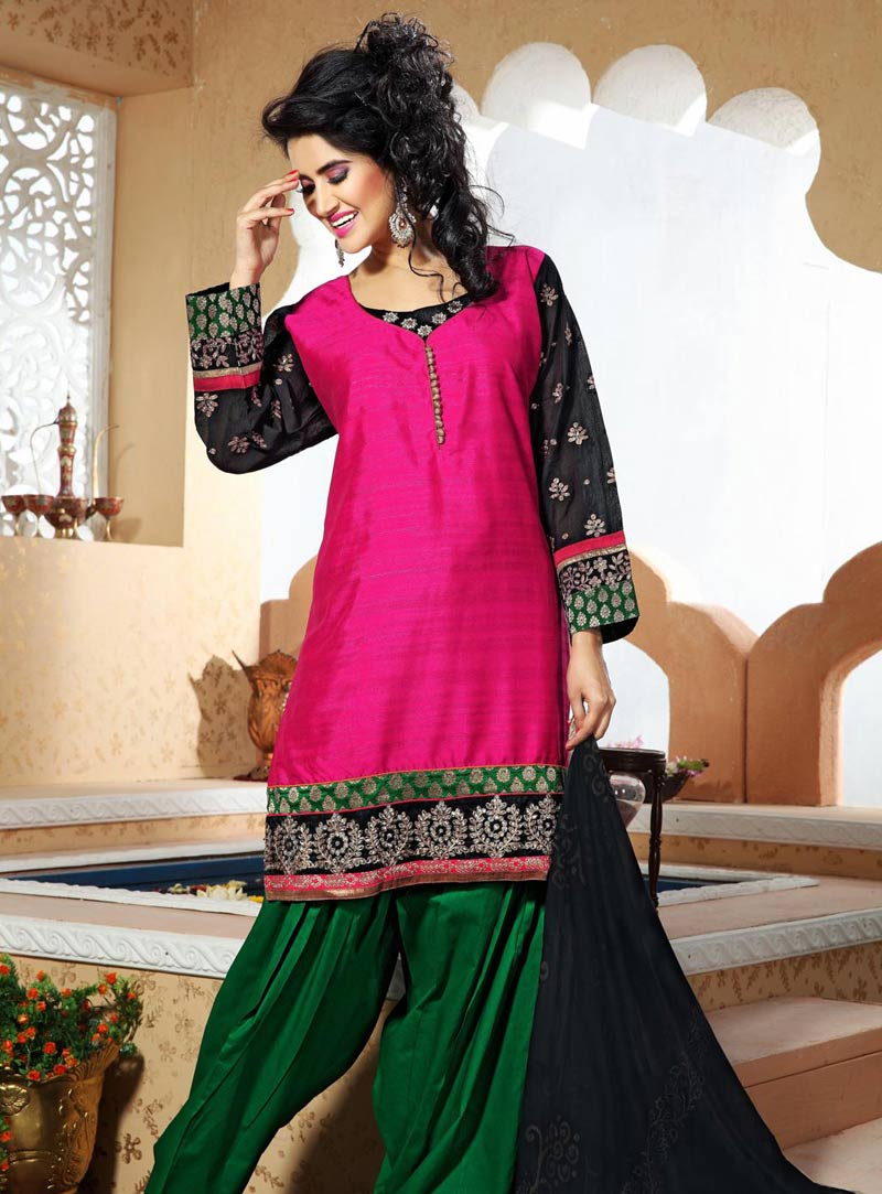 Pink Resham Work Silk Punjabi Salwar Kameez 28786