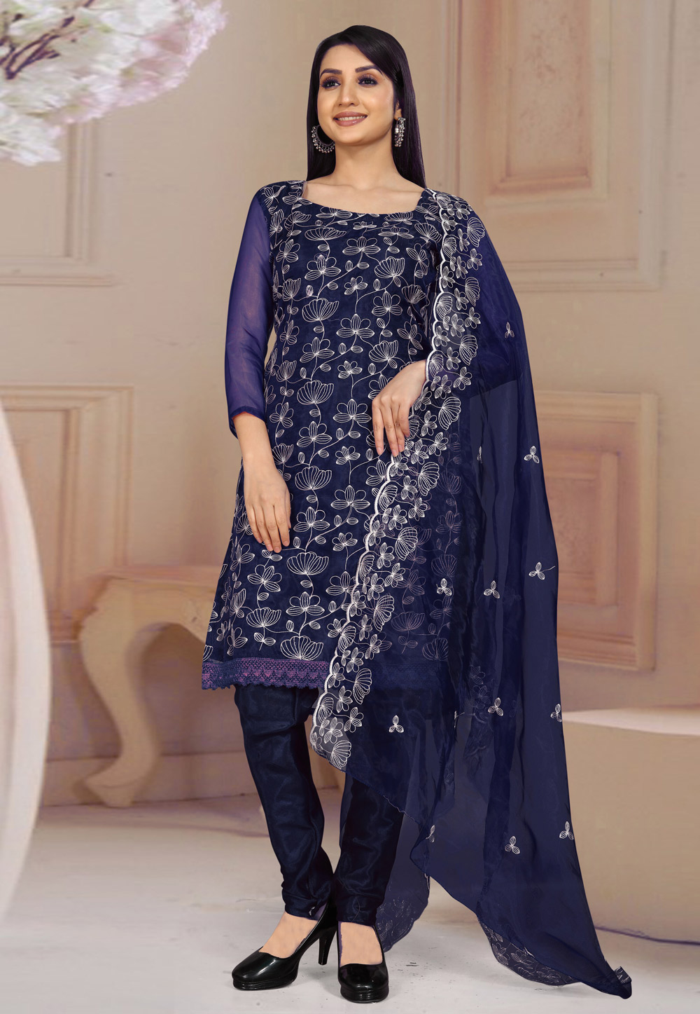Navy Blue Organza Pant Style Suit 249995