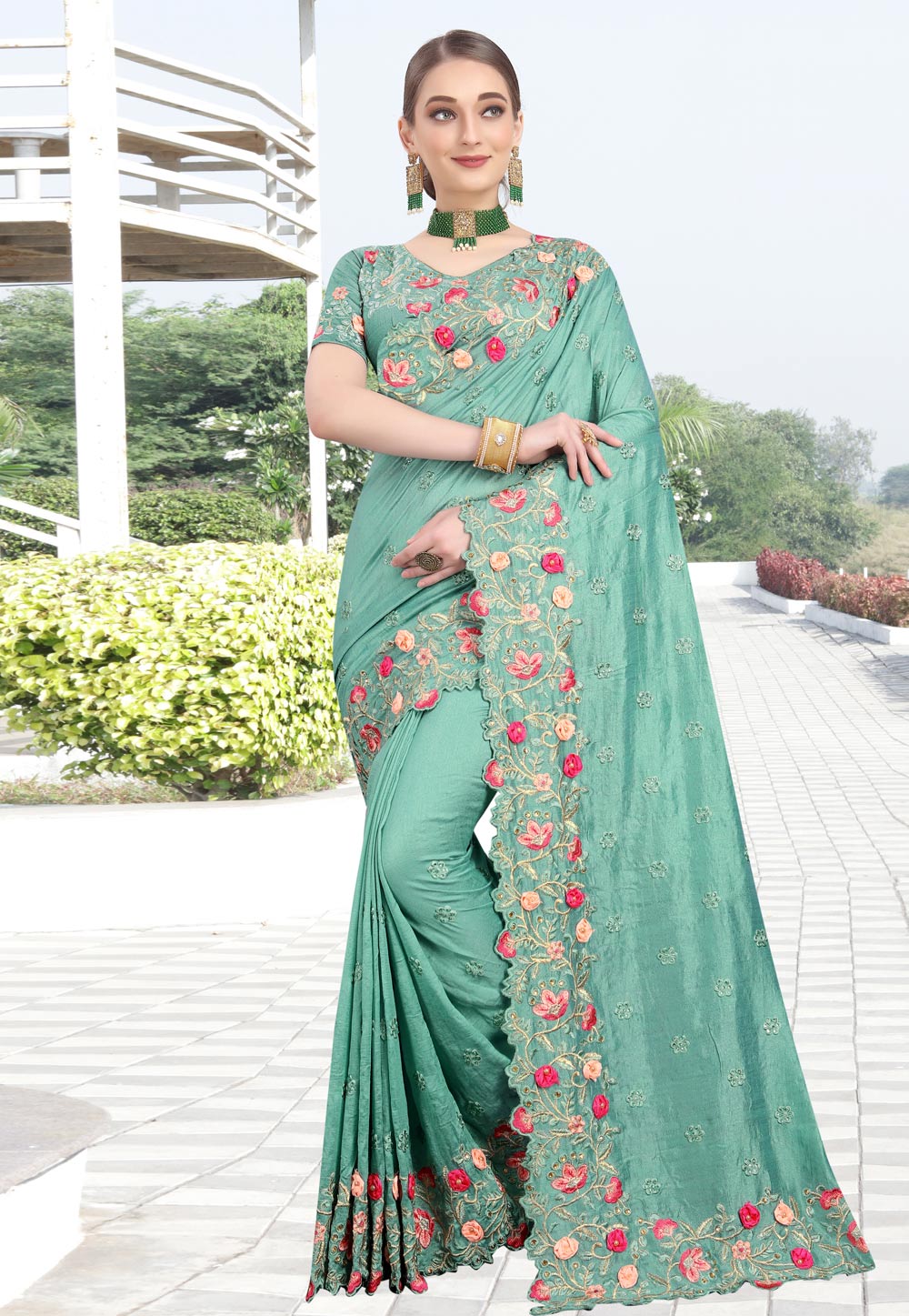 Sea Green Silk Festival Wear Saree 209240