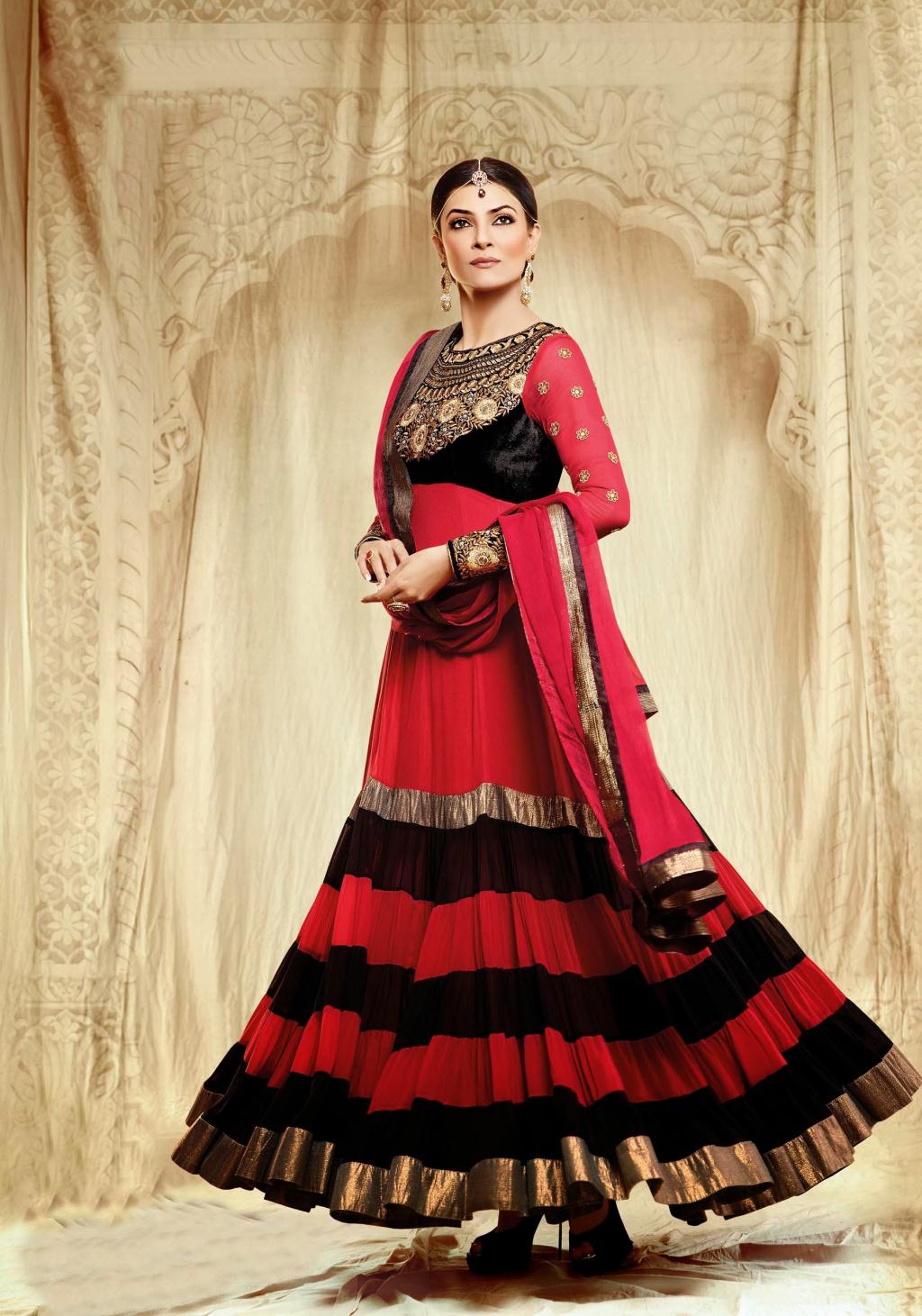 Red Faux Georgette Sushmita Sen Designer Bollywood Anarkali Style Suit 27616