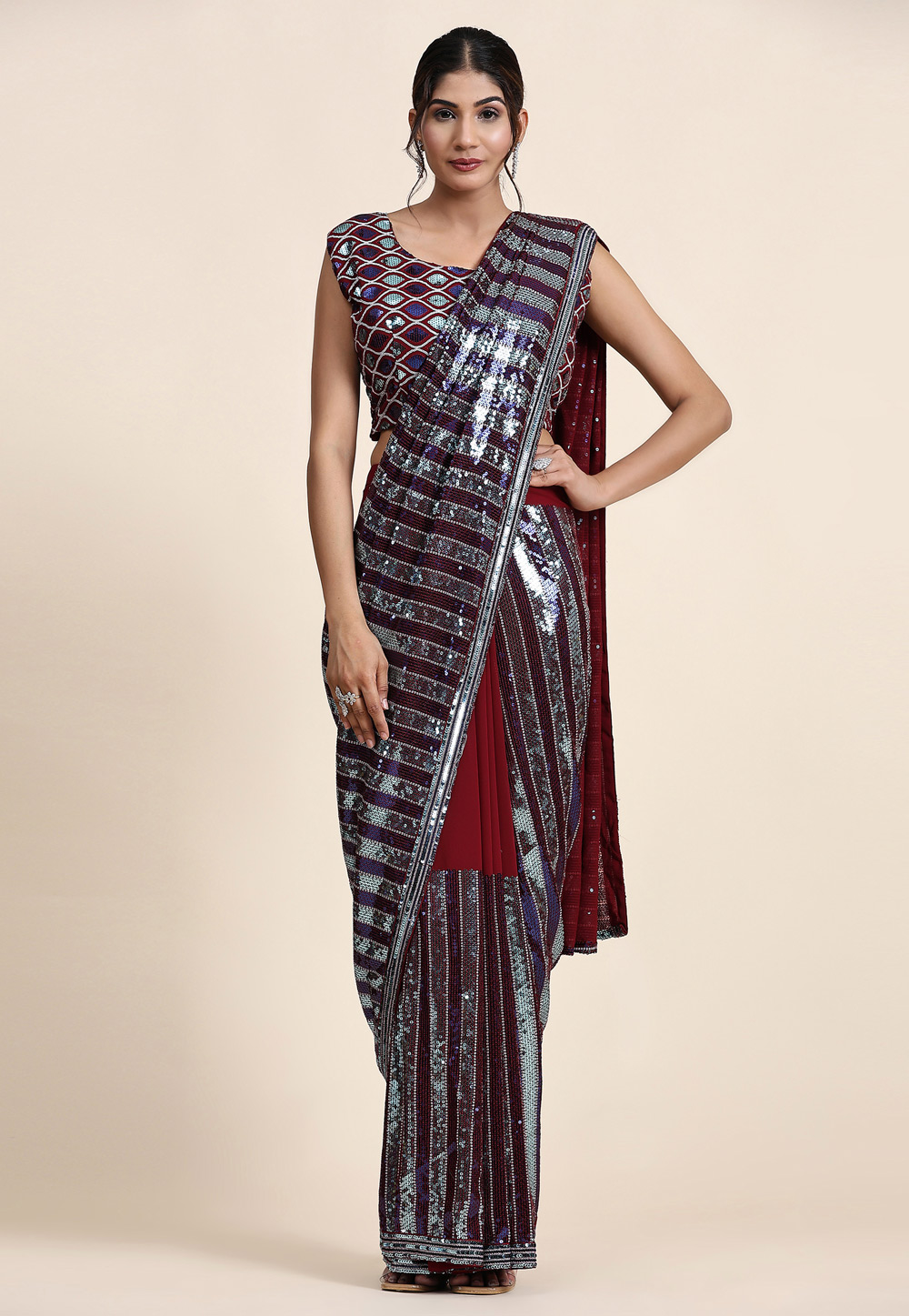 Maroon Georgette Sequence Saree 268901