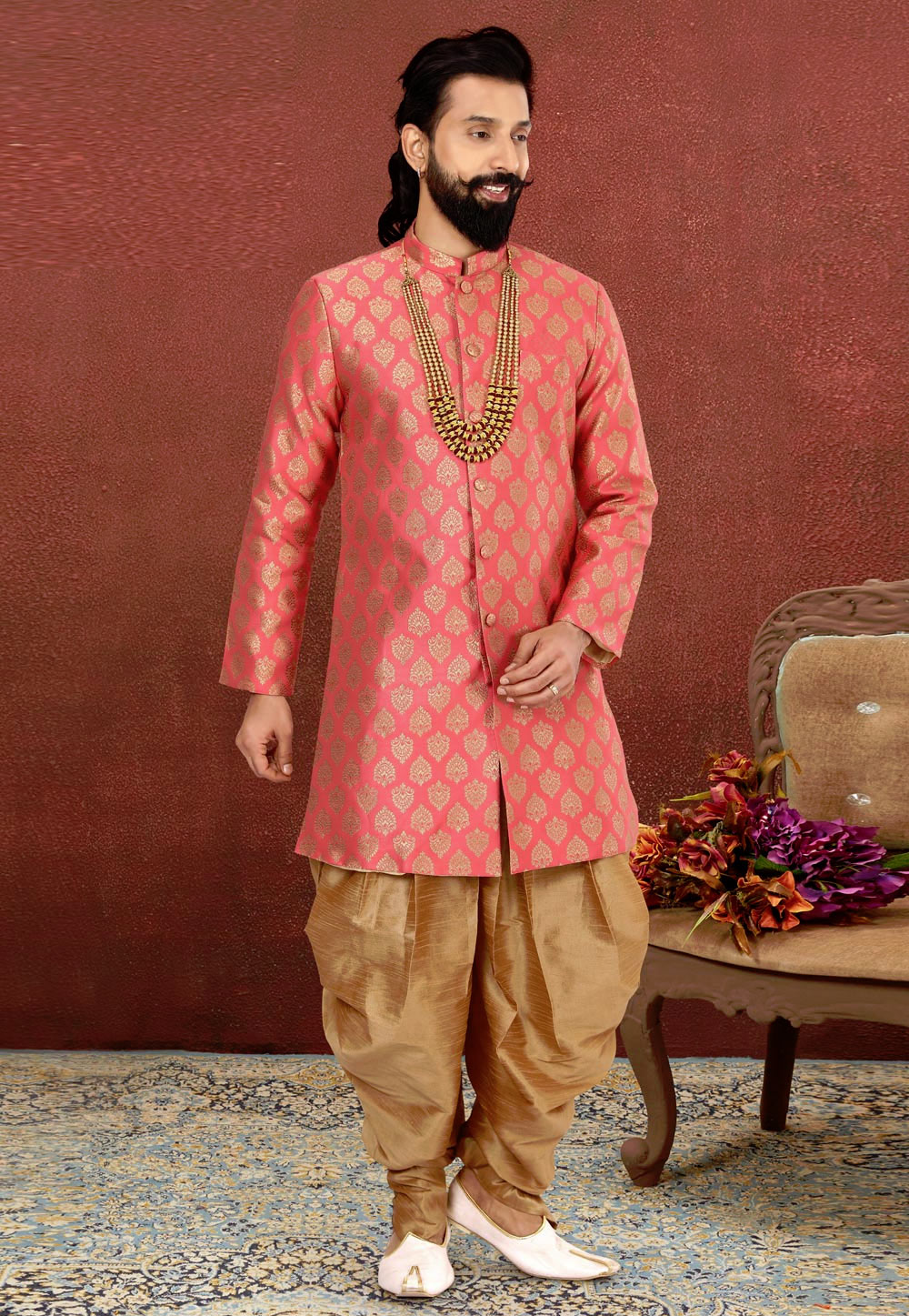 Pink Jacquard Silk Indo Western Suit 238839