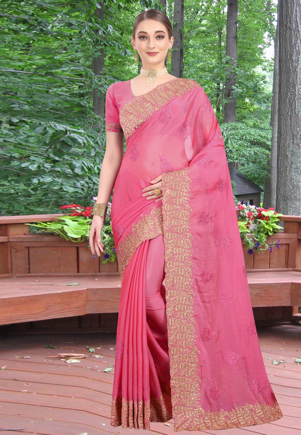 Pink Chiffon Saree With Blouse 209626