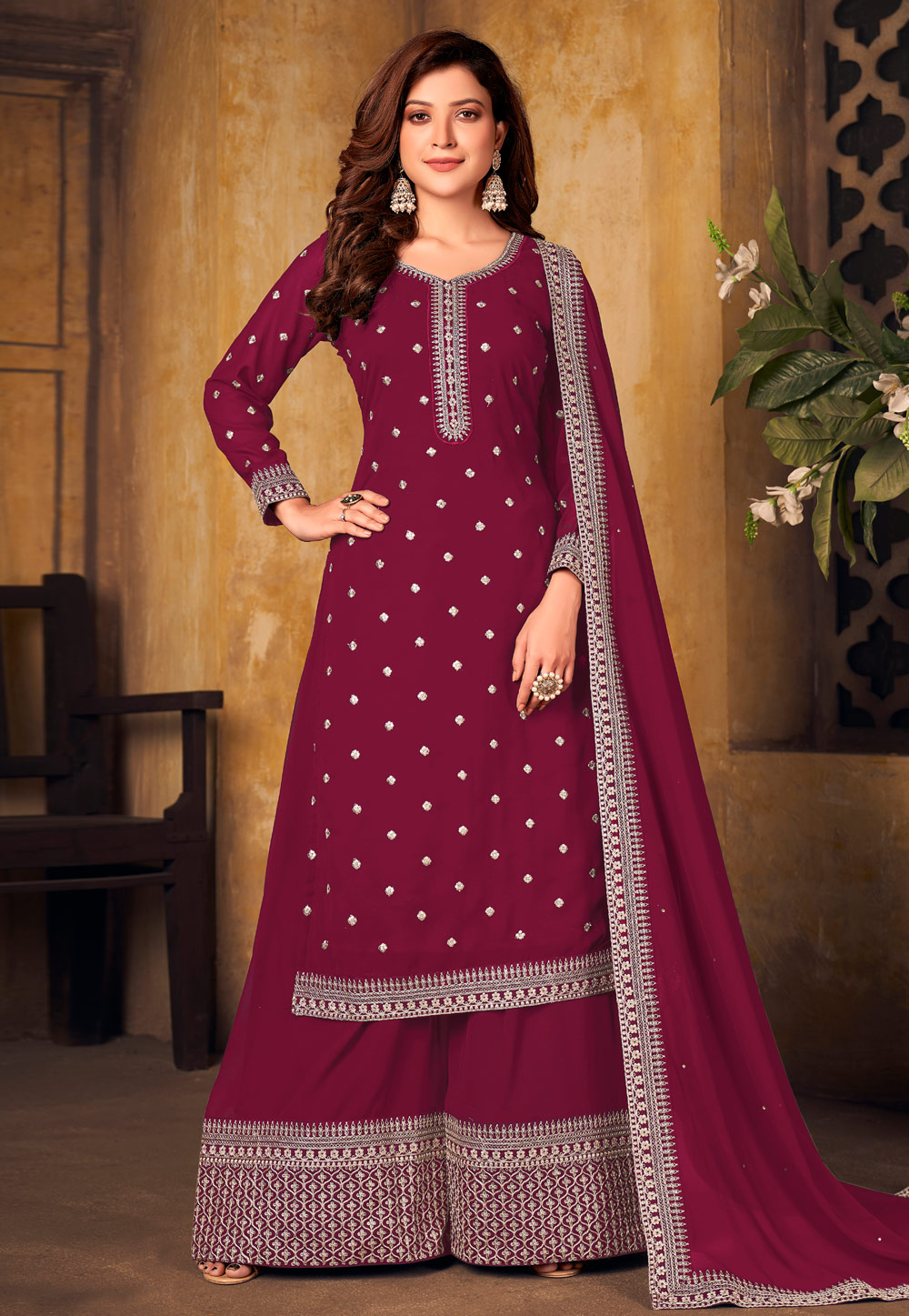 Magenta Faux Georgette Embroidered Kameez With Palazzo 244460
