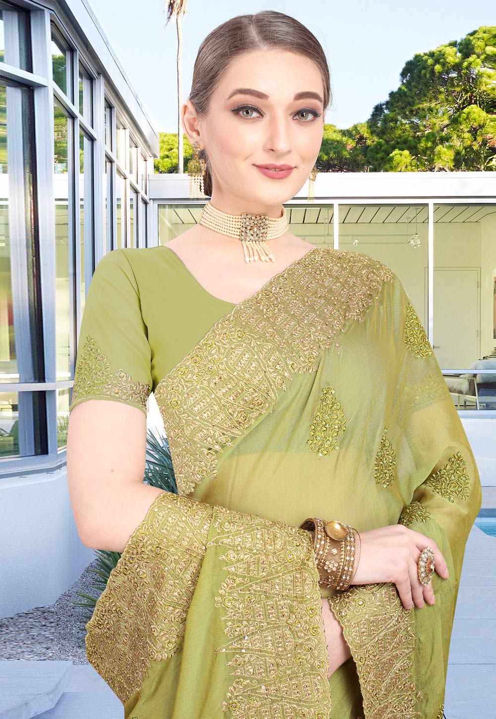 Best Light Green Digital Printed Chiffon Saree