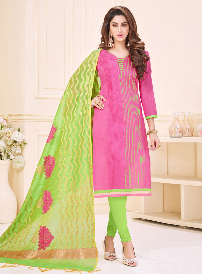 Pink Cotton Kameez With Churidar 120853