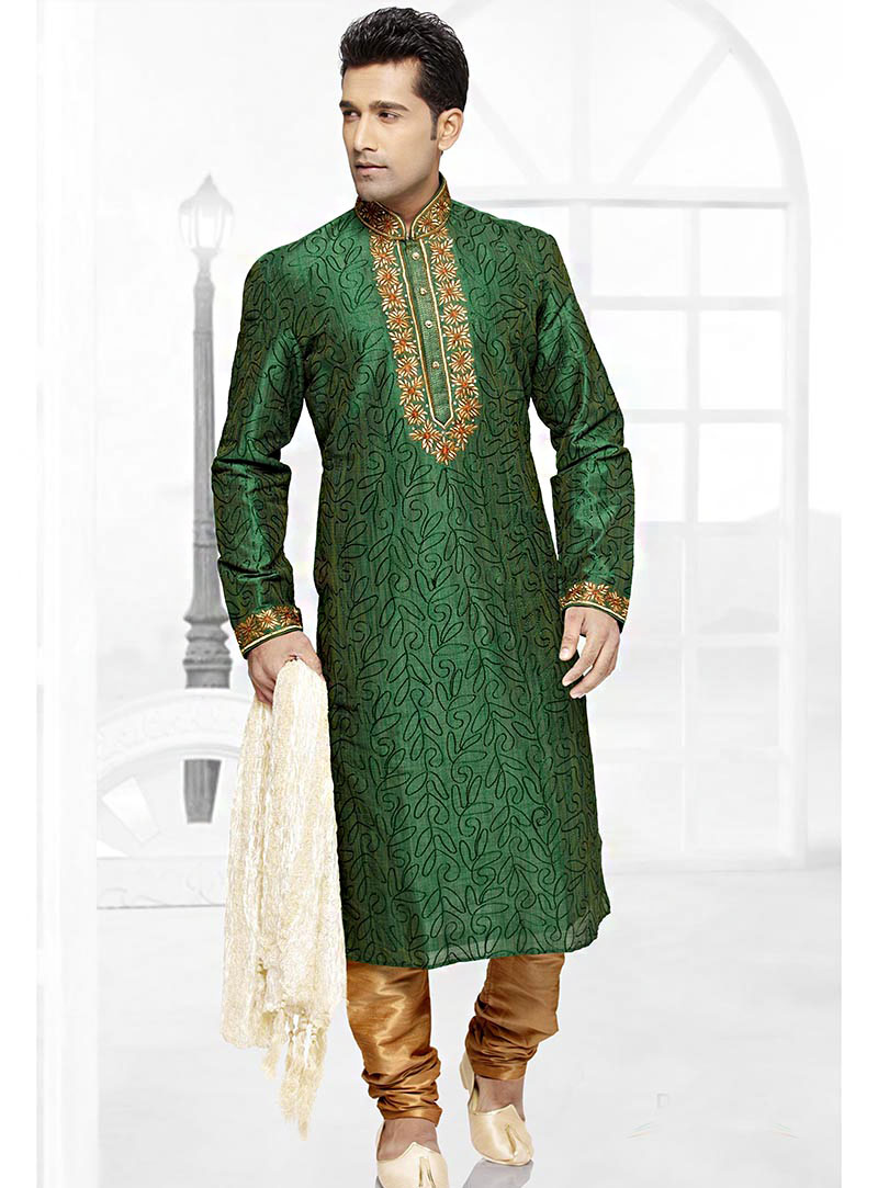 Green Art Silk Readymade Kurta With Churidar 65479