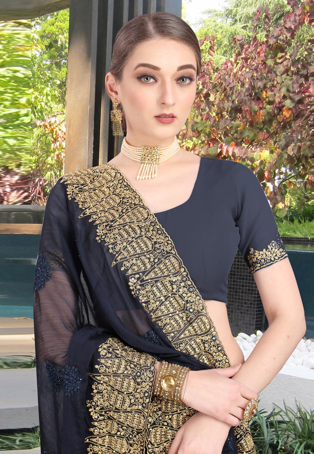 Buy Shree hans Self Design Bollywood Chiffon Dark Blue Sarees Online @ Best  Price In India | Flipkart.com