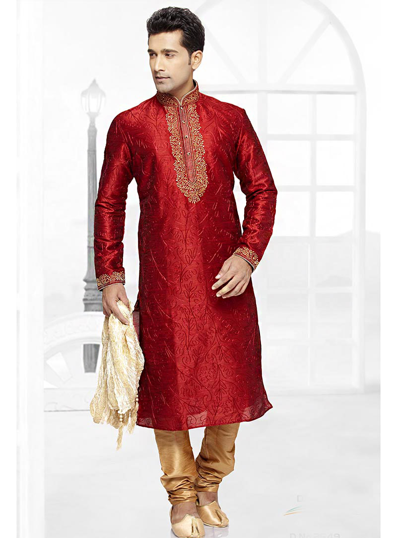Red Art Silk Readymade Kurta With Churidar 65483