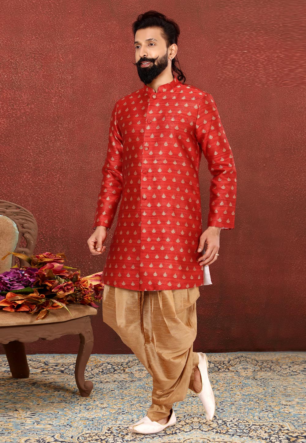 Red Jacquard Silk Indo Western Suit 238840