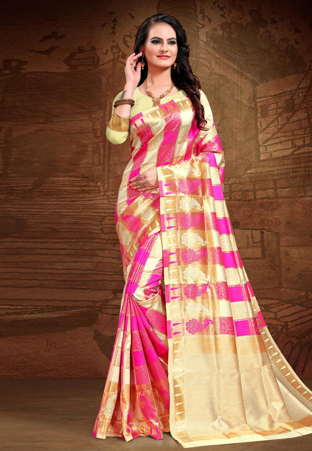 Pink Jacquard Saree With Blouse 210045