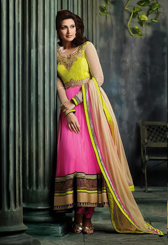 Yellow and Pink Sonali Bendre Net Bollywood Anarkali Salwar Kameez 27670