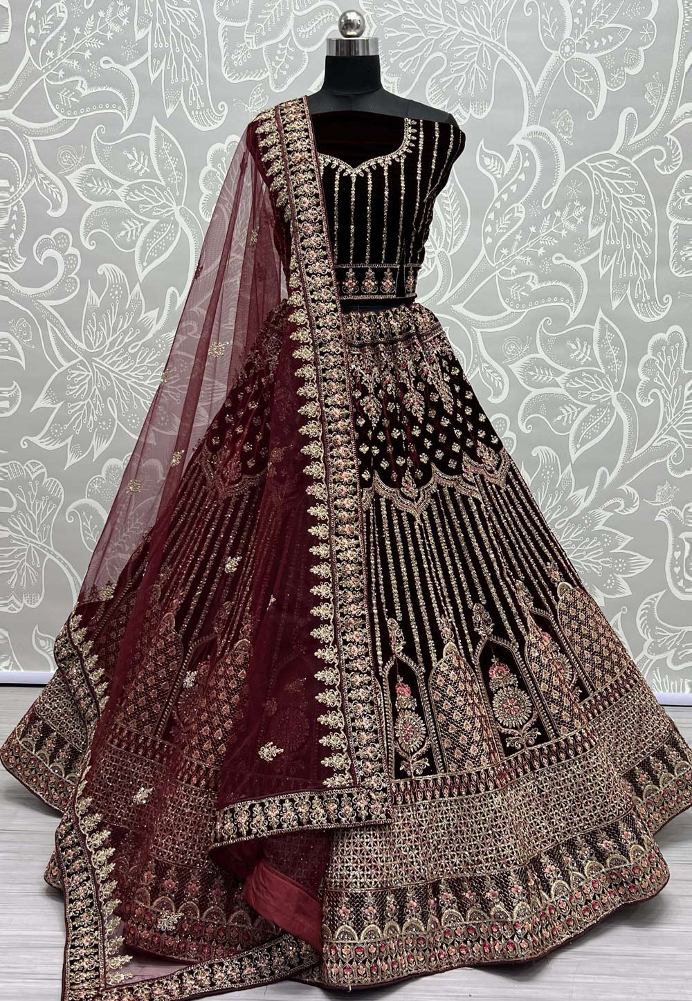 Maroon Velvet Bridal Lehenga Choli 272907