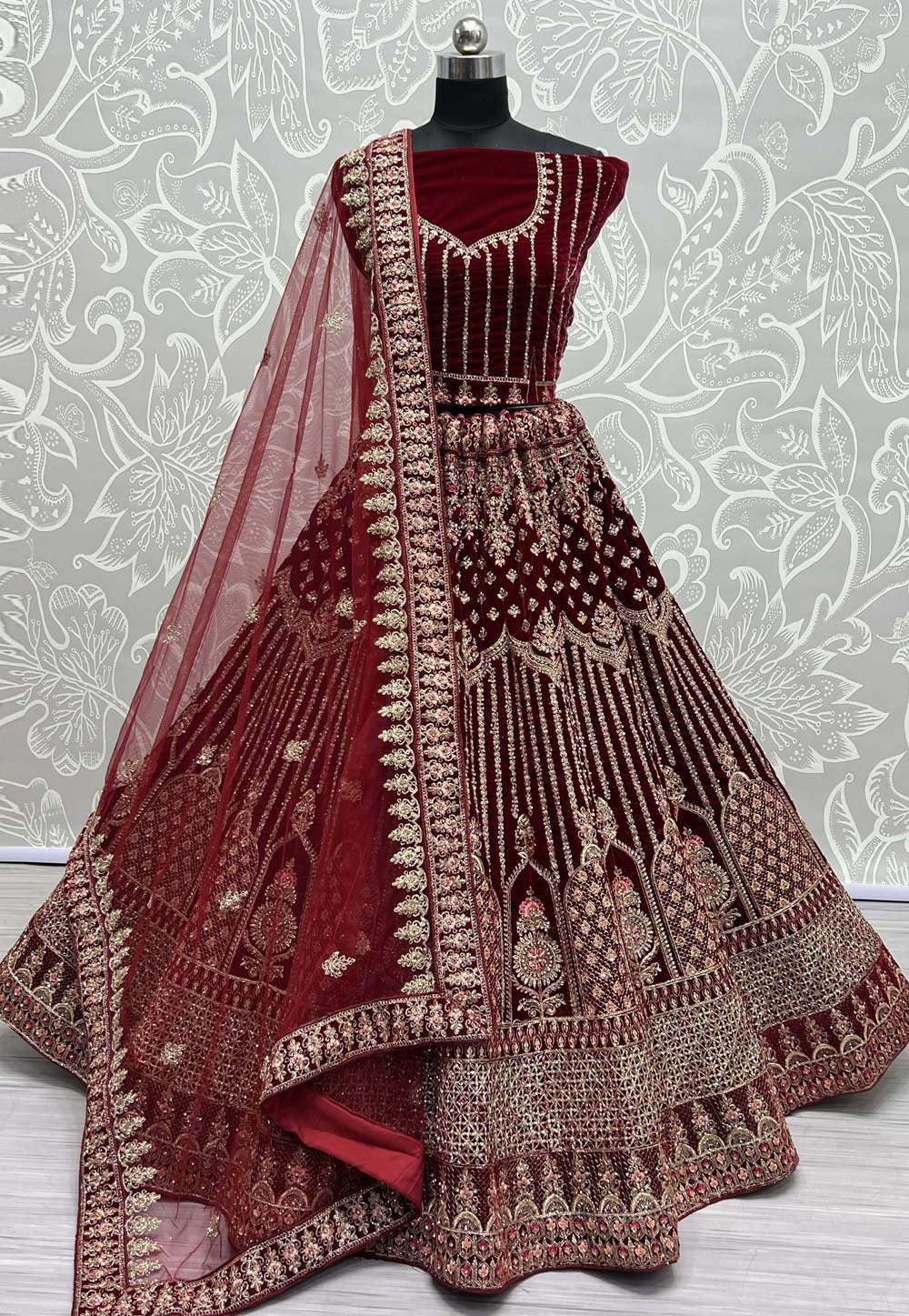 Maroon Velvet Bridal Lehenga Choli 272909