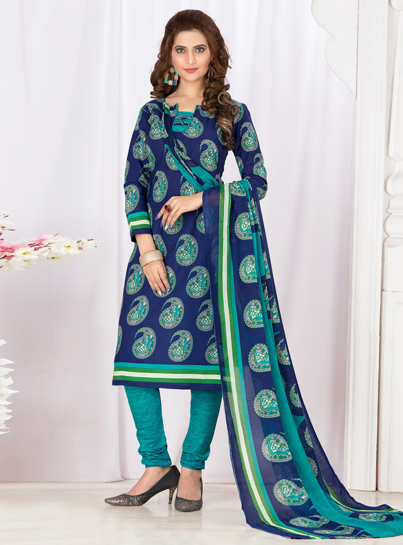 Blue Cotton Churidar Salwar Suit 126329