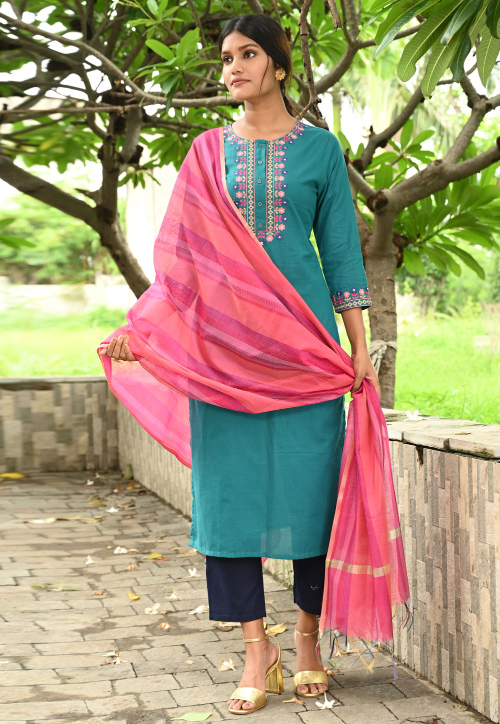 Turquoise Cotton Readymade Kameez With Pant 235771