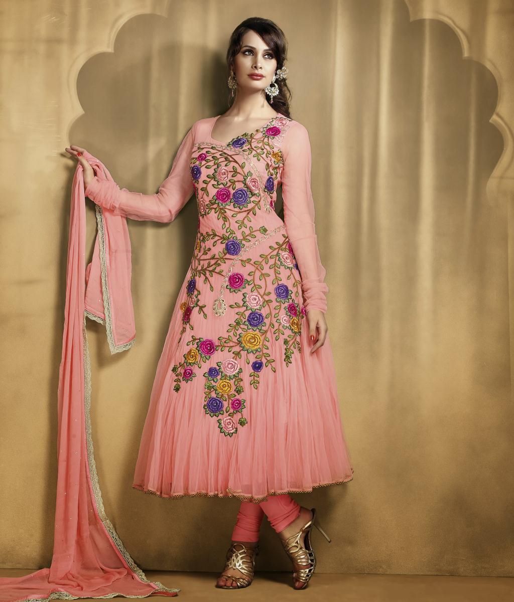 Pink Net Embroidery and Bead Work Anarkali Salwar Suit 27725