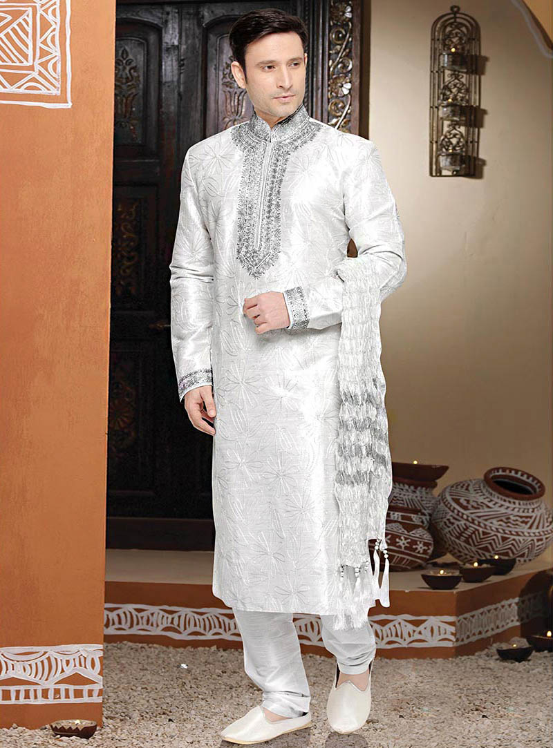 Off White Art Silk Kurta With Pajama 65493