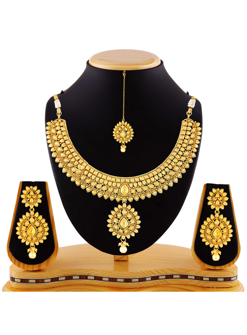 Golden Austrian Diamonds Necklace With Earrings and Maang Tikka 88739
