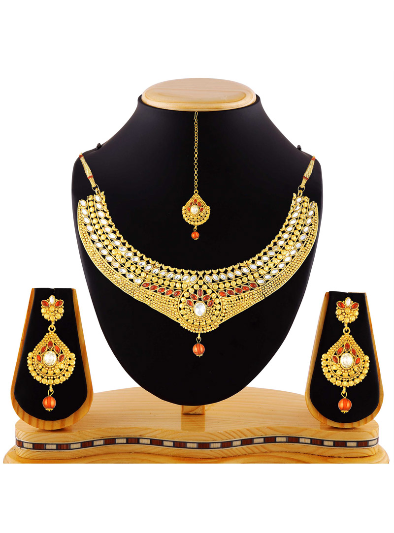 Orange Austrian Diamonds Necklace With Earrings and Maang Tikka 88742