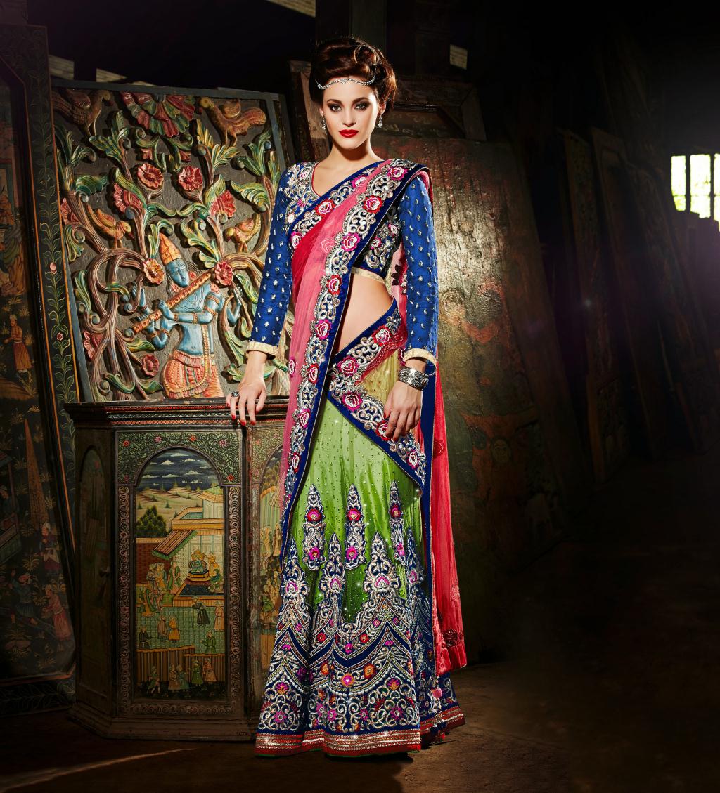 Pink and Green Net Wedding Designer Embroidery Lehenga Choli 27751