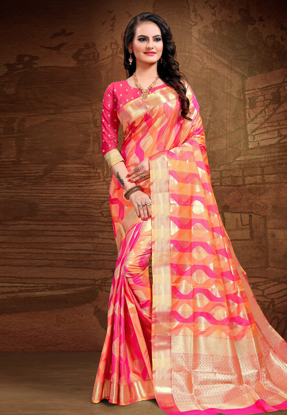 Pink Jacquard Saree With Blouse 210057