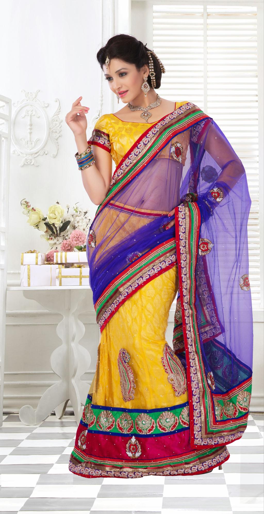 Yellow and Blue Net Zardosi Work Wedding Chaniya Choli 27936