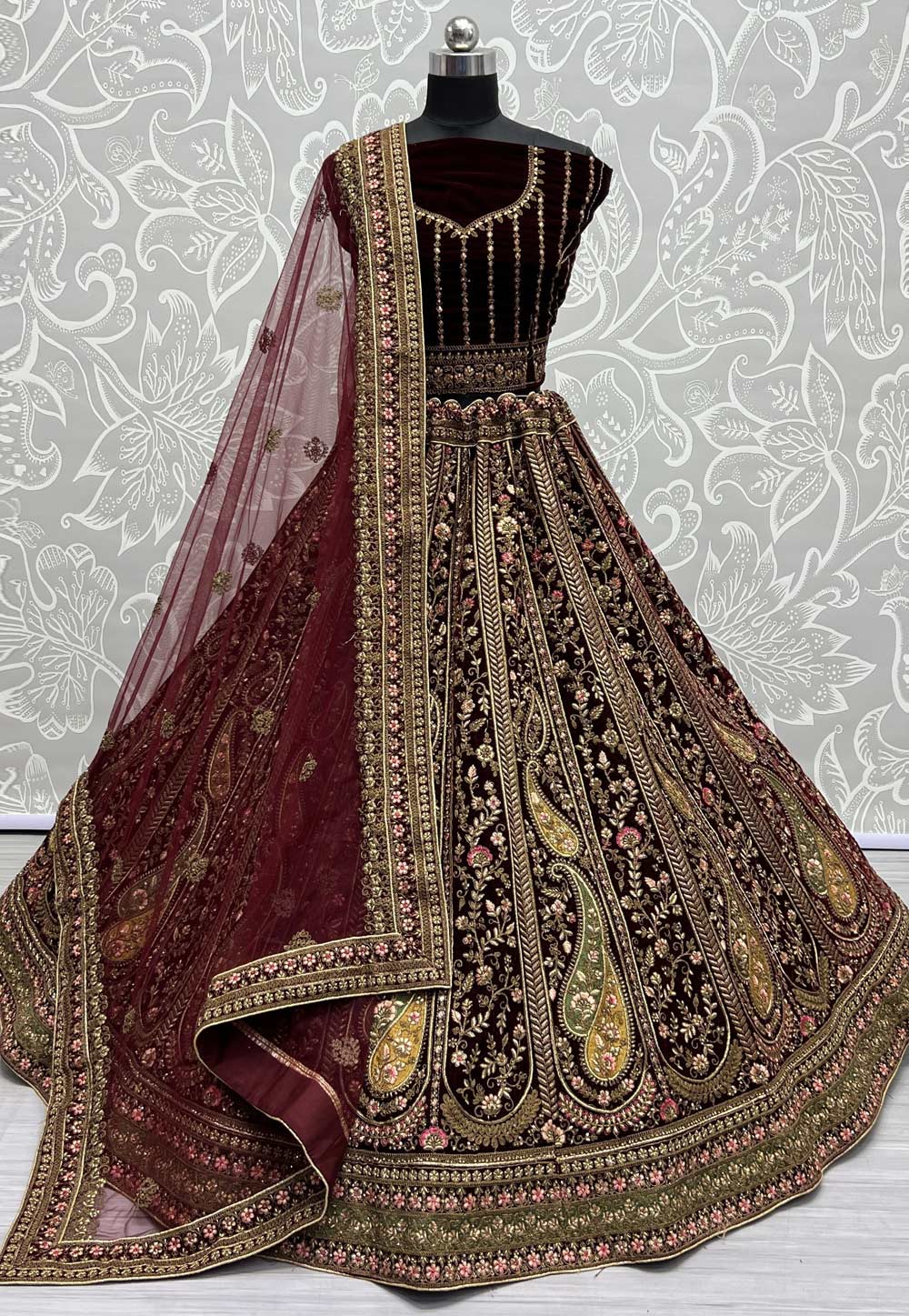 Maroon Velvet Bridal Lehenga Choli 273684