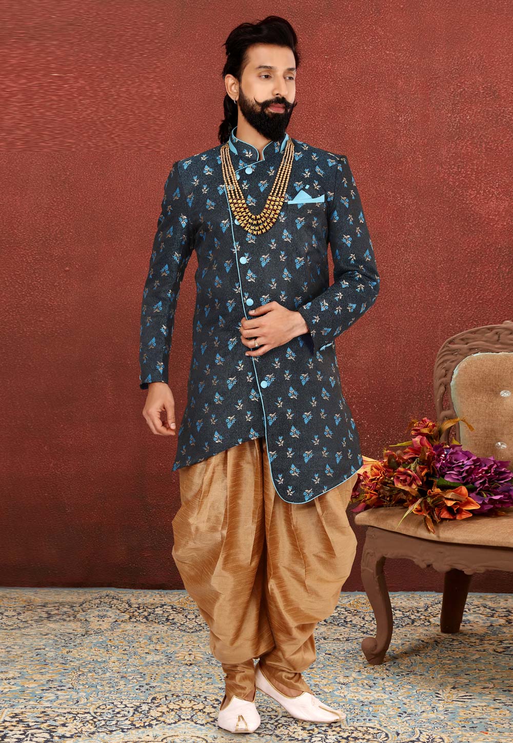 Blue Jacquard Silk Indo Western Suit 238843