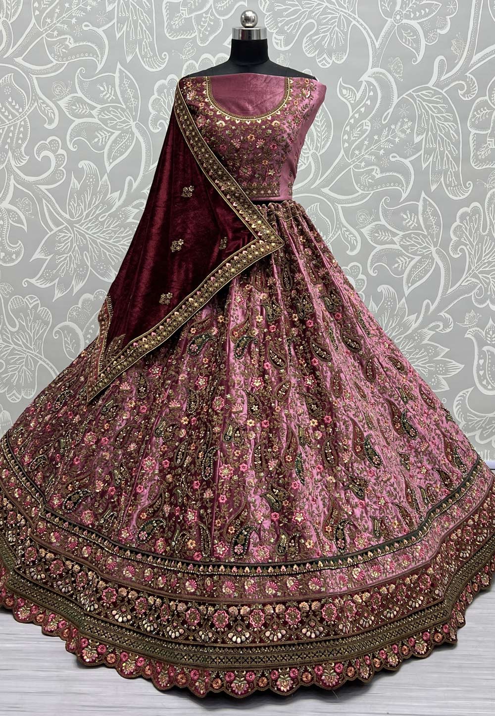 Pink Velvet Wedding Lehenga Choli 275841