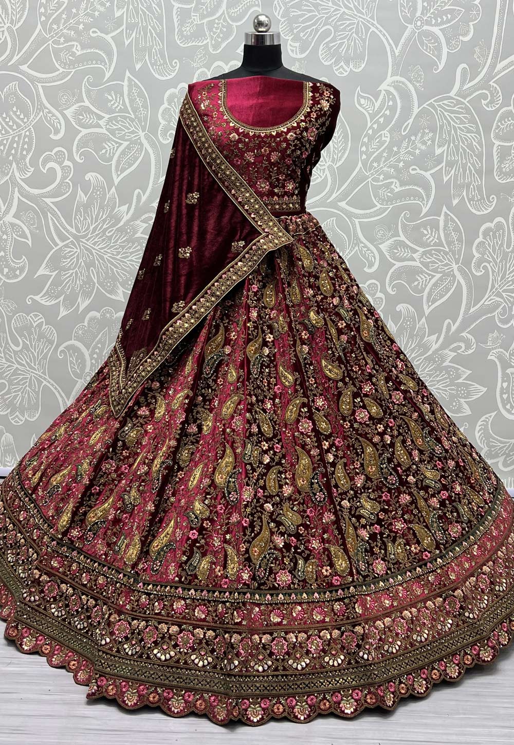 Maroon Velvet Bridal Lehenga Choli 275842