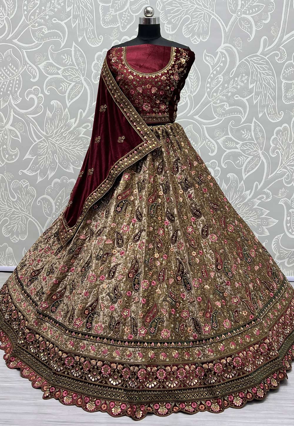 Beige Velvet Wedding Lehenga Choli 275843