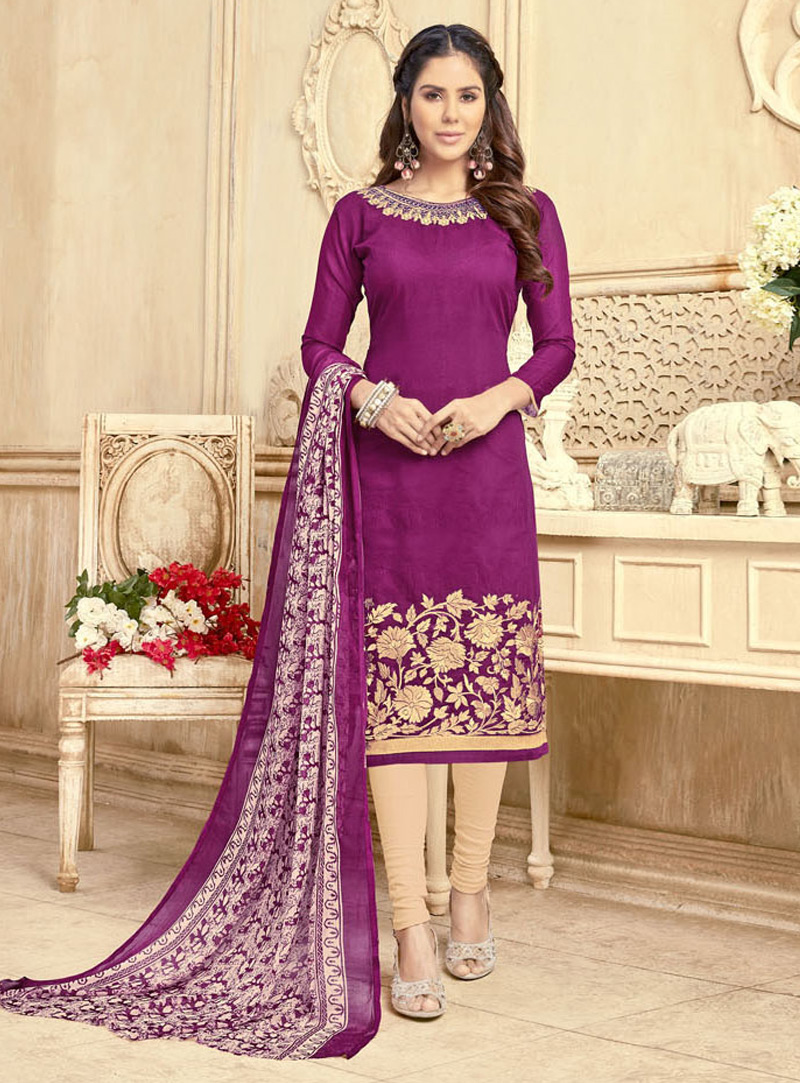 Purple Chanderi Churidar Salwar Suit 130355