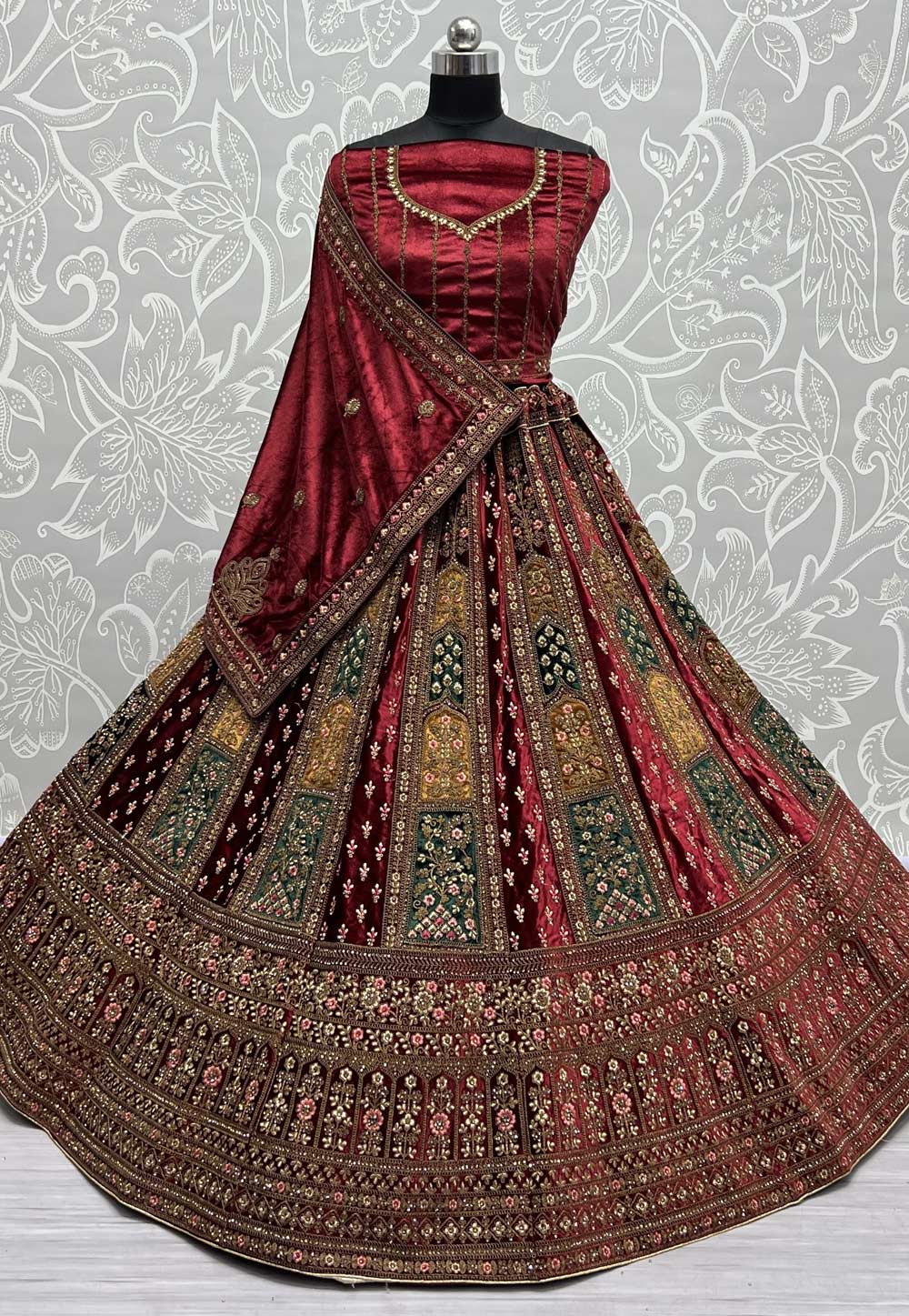 Deep Red Embroidered Velvet Bridal Lehenga Choli - Lehengas Designer  Collection