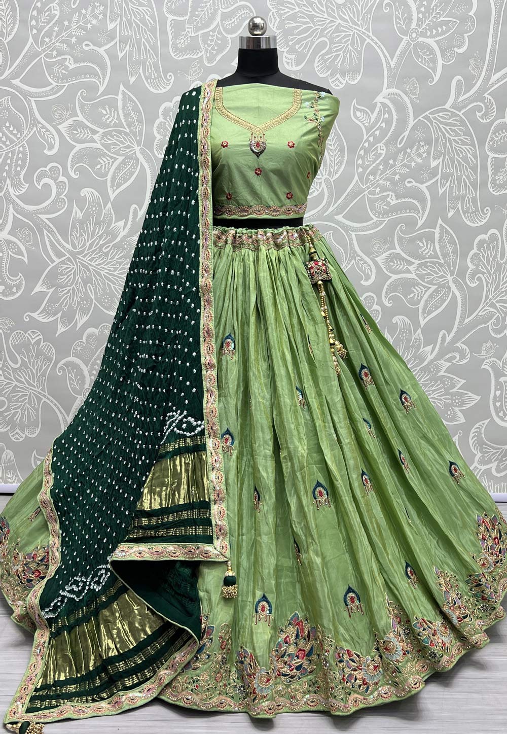 Green Net Embroidered A Line Lehenga Wedding Wear - Hijab Online