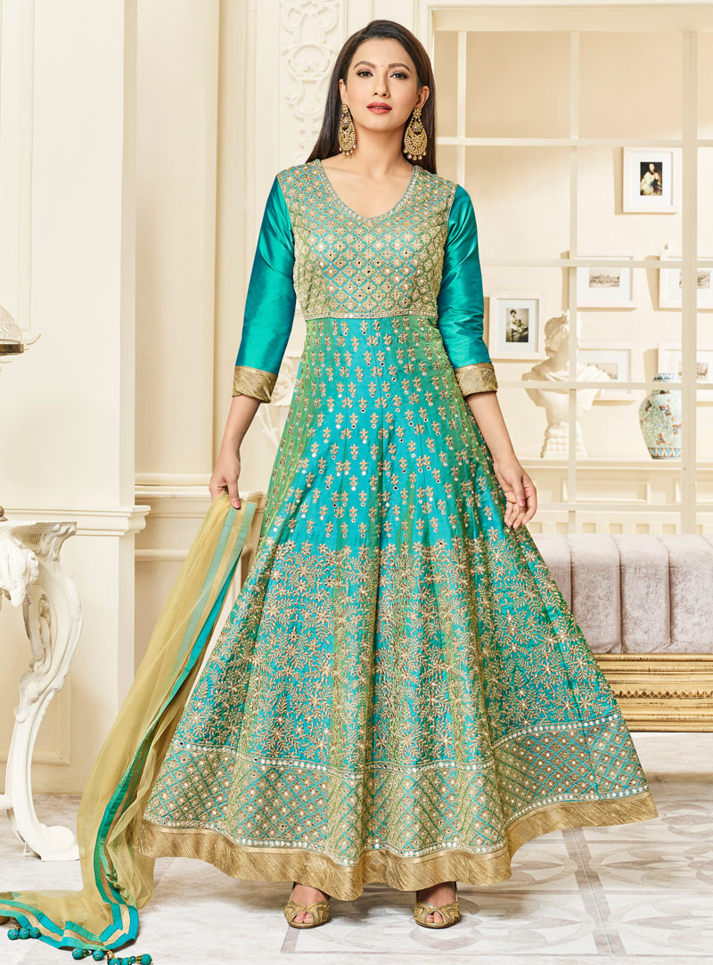 Gauhar Khan Sky Blue Mulberry Silk Anarkali Suit 120643