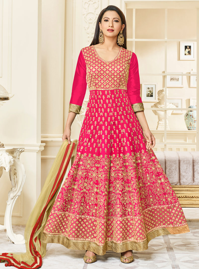 Gauhar Khan Pink Silk Long Anarkali Suit 126720