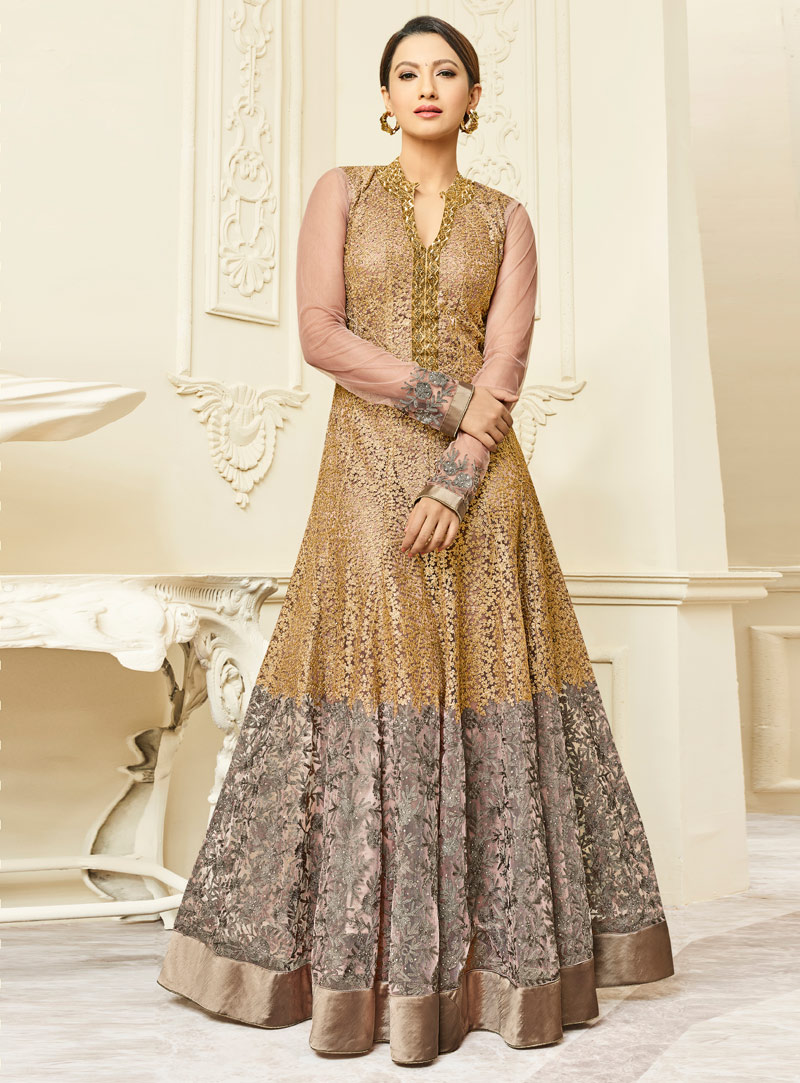 Gauhar Khan Golden Mulberry Silk Floor Length Anarkali Suit 120646
