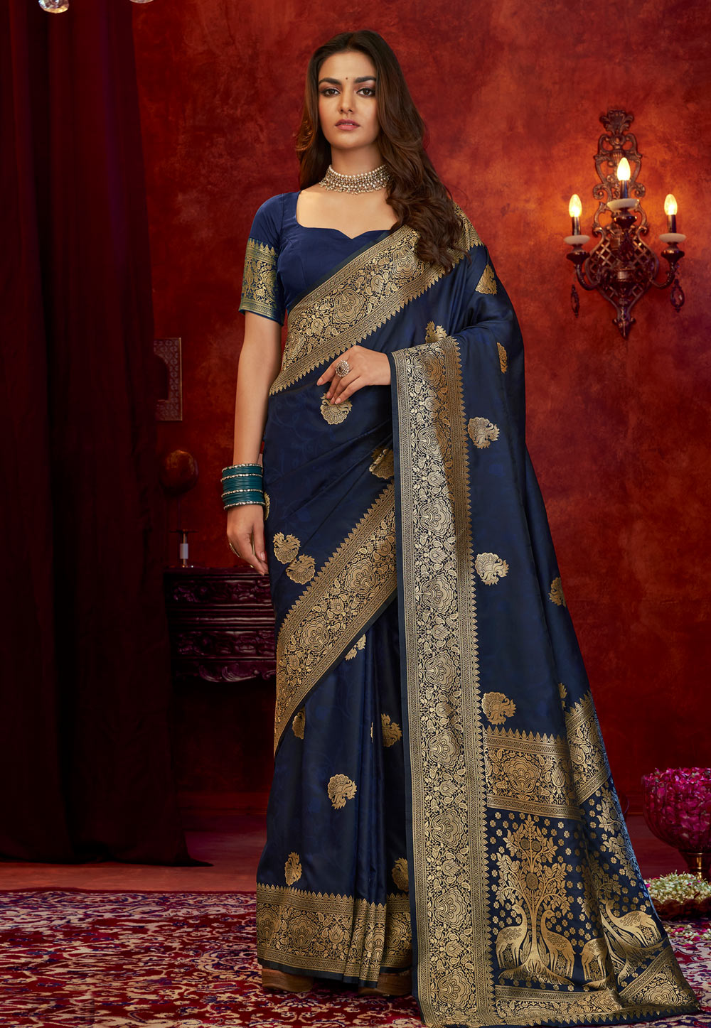 Navy Blue Banarasi Silk Saree With Blouse 250013