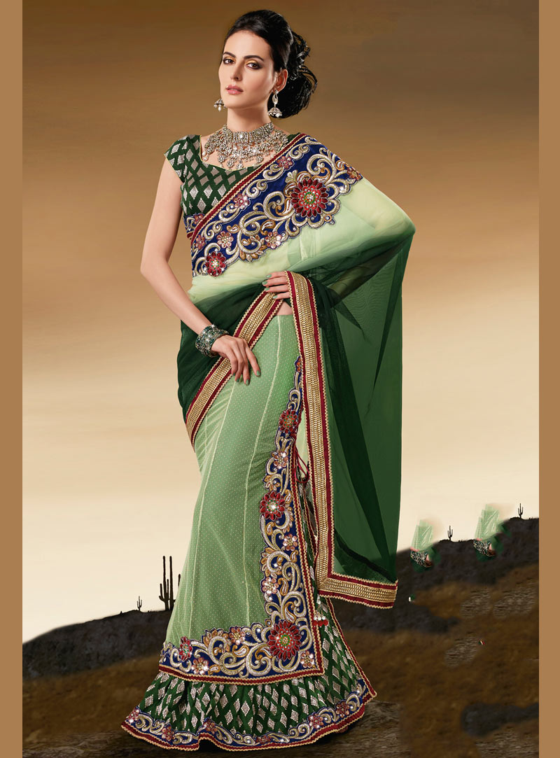 Green Net Embroidered Designer Wedding Lehenga Saree 31285