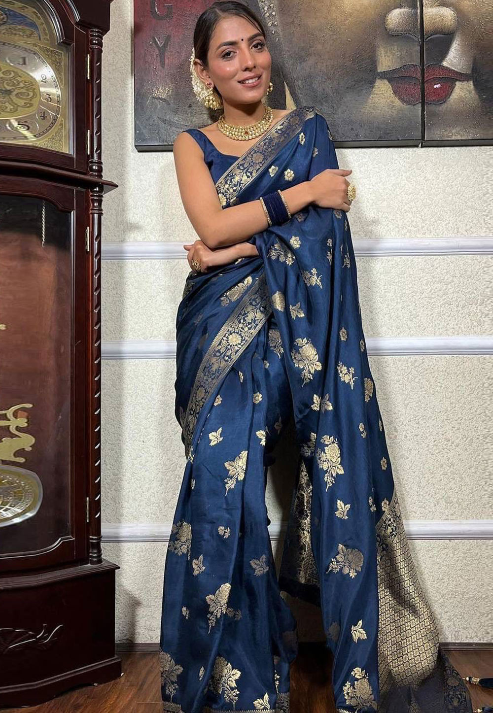 Navy Blue Banarasi Saree With Blouse 266644