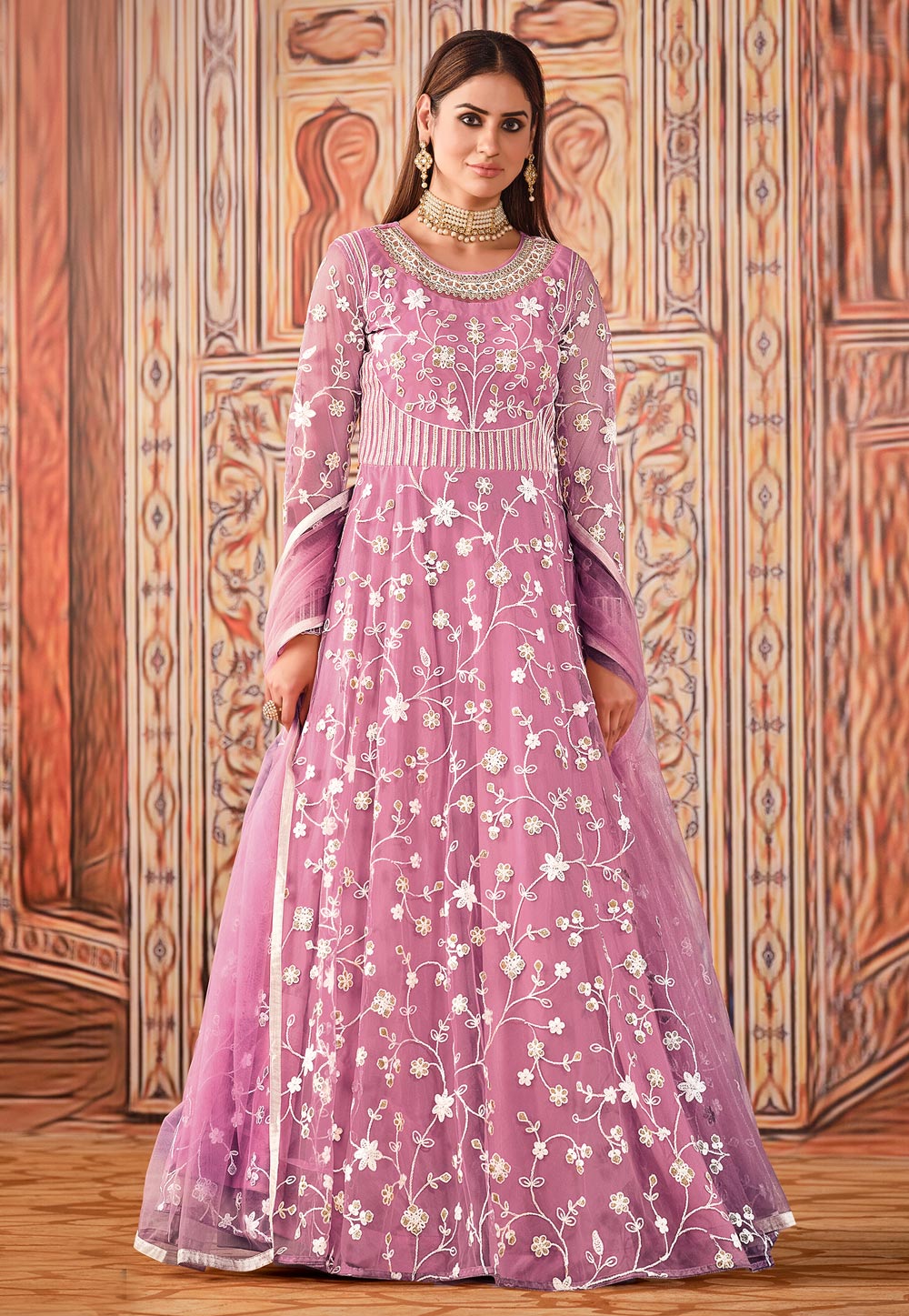 Pink Net Long Anarkali Suit 232336