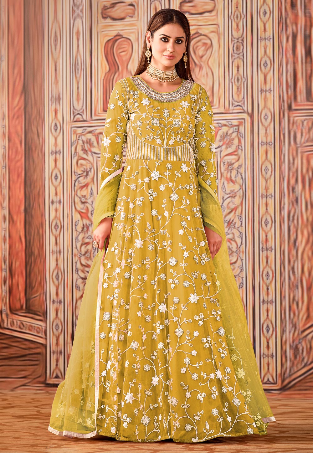 Yellow Net Abaya Style Anarkali Suit 232337