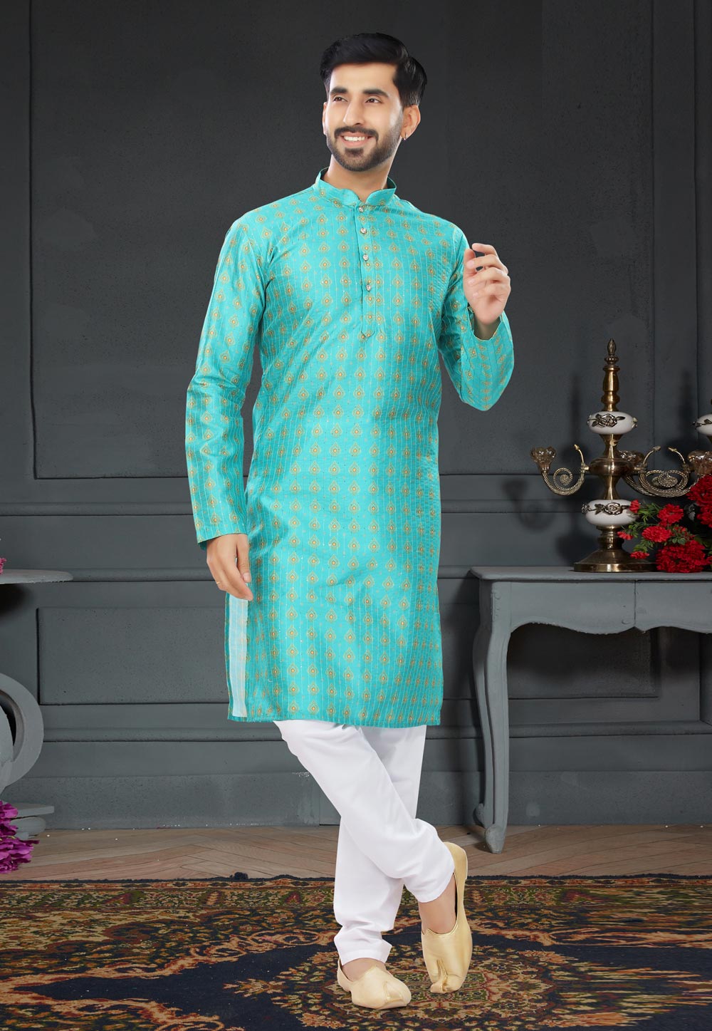 Sea Green Silk Kurta Pajama 258578