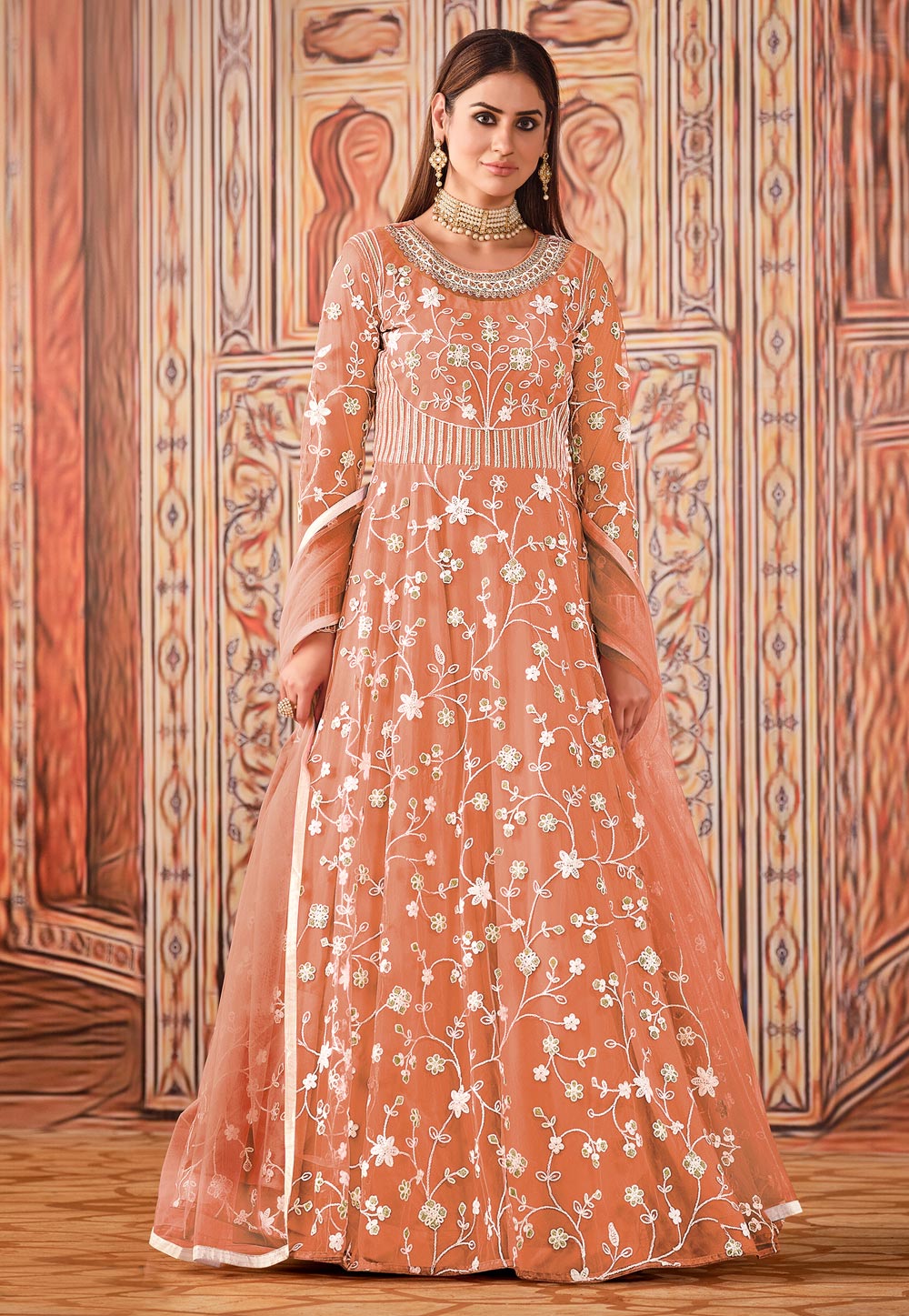 Orange Net Abaya Style Anarkali Suit 232339