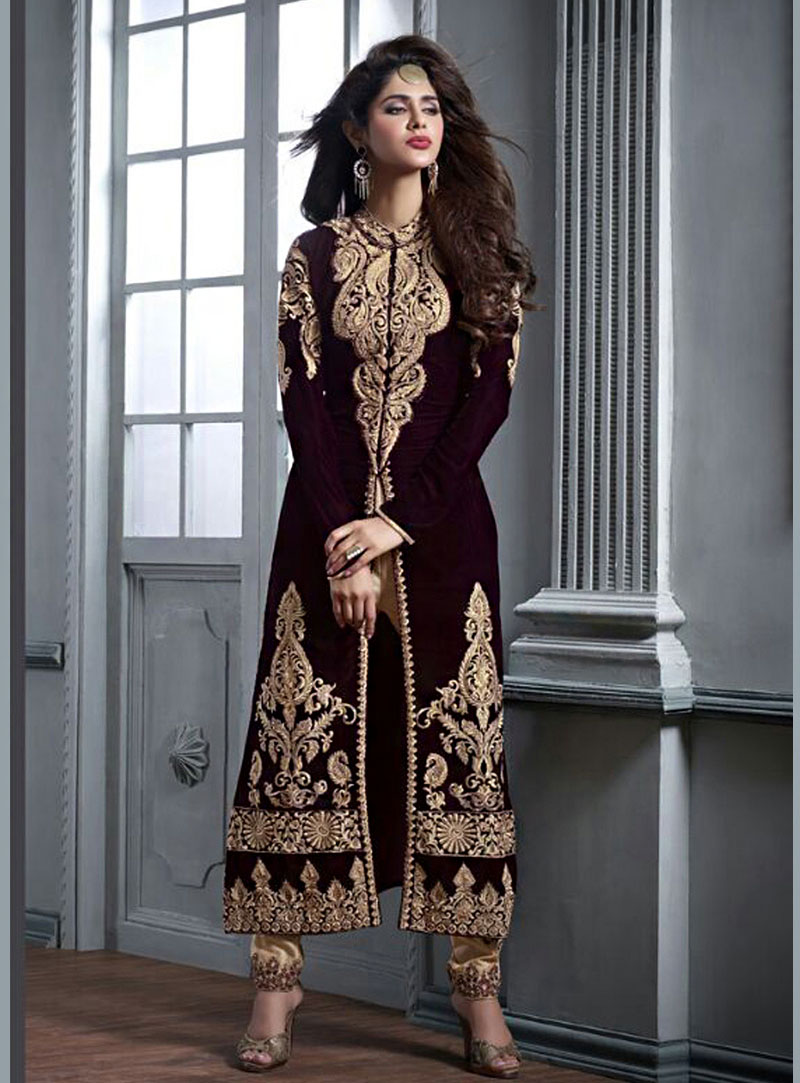 Brown Velvet Pakistani Style Suit 65572