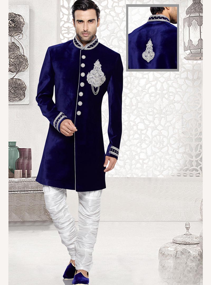 Blue Velvet Readymade Indo Western Suit 69407